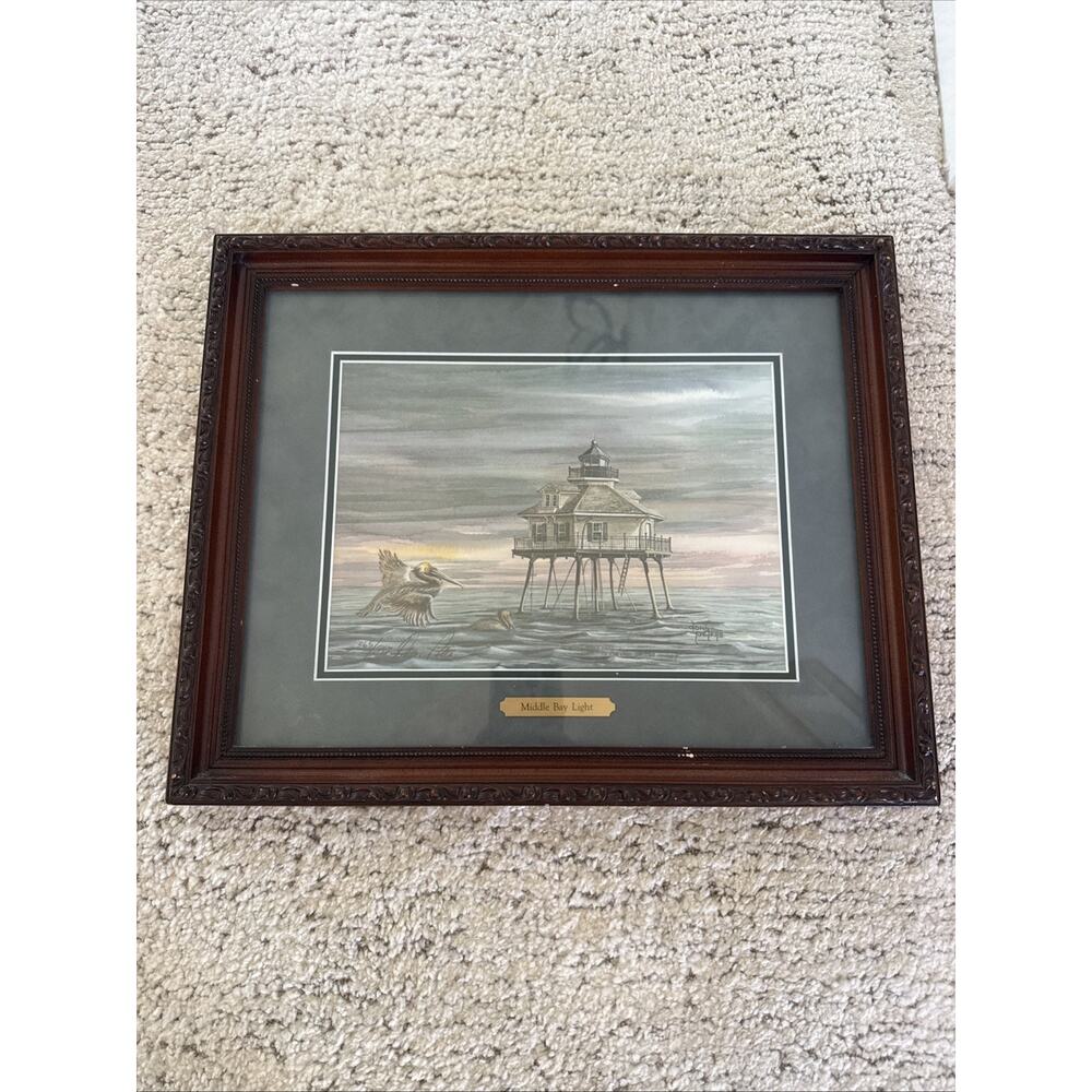 Framed Art Print By Donna Peters Middle Bay Light Mobile, AL Signed Numbered